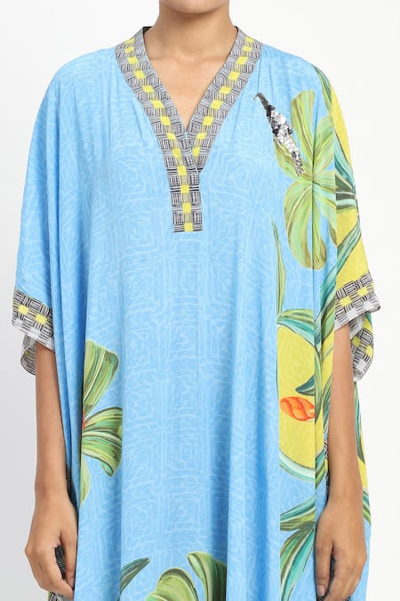 Satya Paul_Blue Viscose Embroidery V-neck Sunseeker Printed Kaftan _at_Aza_Fashions