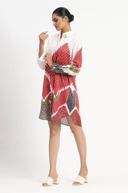 Shop_Satya Paul_Ivory Linen Printed Phulkari Shirt Collar Vive La Radio Tunic _Online_at_Aza_Fashions