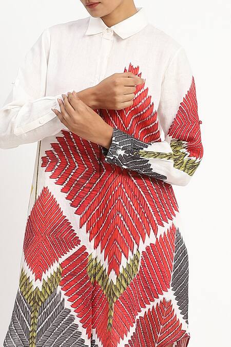 Satya Paul_Ivory Linen Printed Phulkari Shirt Collar Vive La Radio Tunic _at_Aza_Fashions
