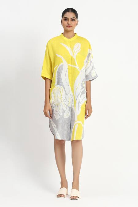 Satya Paul_Yellow Linen Embroidery Mandarin Collar Bottled Light Tunic _Online_at_Aza_Fashions