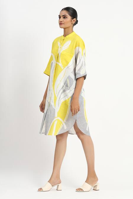 Buy_Satya Paul_Yellow Linen Embroidery Mandarin Collar Bottled Light Tunic _Online_at_Aza_Fashions