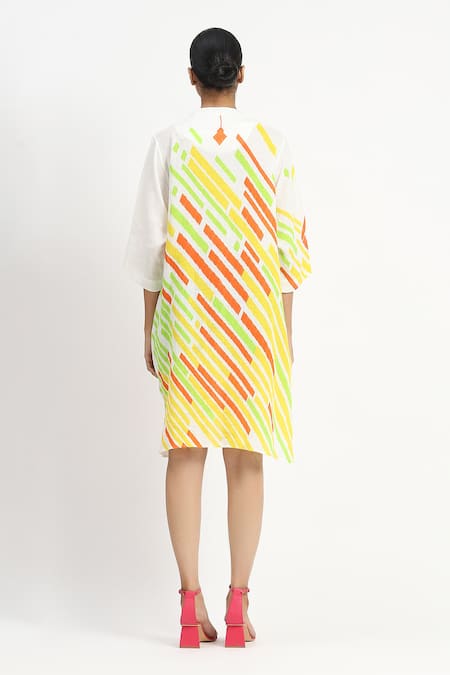 Shop_Satya Paul_Ivory Linen Printed Phulkari Mandarin Collar In The Heights Tunic _at_Aza_Fashions
