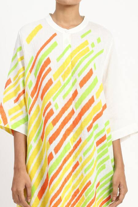 Satya Paul_Ivory Linen Printed Phulkari Mandarin Collar In The Heights Tunic _at_Aza_Fashions