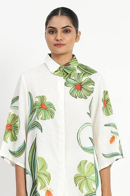 Satya Paul Ivory Linen Collared Two Floral Print Shirt Tunic Online at Aza Fashions Satya Paul_Ivory Linen Collared Two Floral Print Shirt Tunic _Online_at_Aza_Fashions