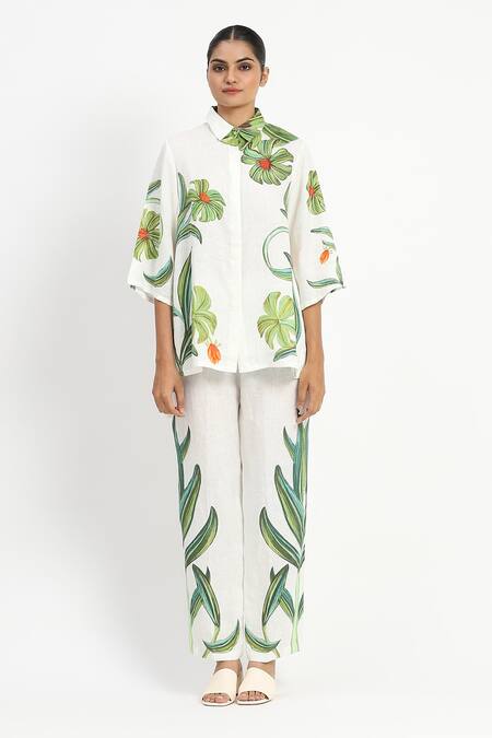 Buy Satya Paul Ivory Linen Collared Two Floral Print Shirt Tunic Online at Aza Fashions Buy_Satya Paul_Ivory Linen Collared Two Floral Print Shirt Tunic _Online_at_Aza_Fashions