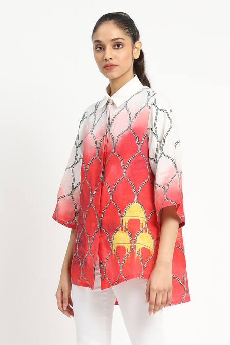 Satya Paul Coral Linen Shawl Neck Aperture High-low Shirt Tunic Online at Aza Fashions Satya Paul_Coral Linen Shawl Neck Aperture High-low Shirt Tunic _Online_at_Aza_Fashions