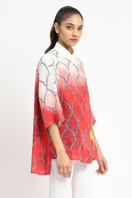 Buy Satya Paul Coral Linen Shawl Neck Aperture High-low Shirt Tunic Online at Aza Fashions Buy_Satya Paul_Coral Linen Shawl Neck Aperture High-low Shirt Tunic _Online_at_Aza_Fashions