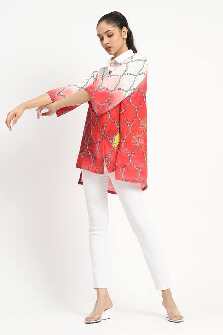 Shop Satya Paul Coral Linen Shawl Neck Aperture High-low Shirt Tunic Online at Aza Fashions Shop_Satya Paul_Coral Linen Shawl Neck Aperture High-low Shirt Tunic _Online_at_Aza_Fashions