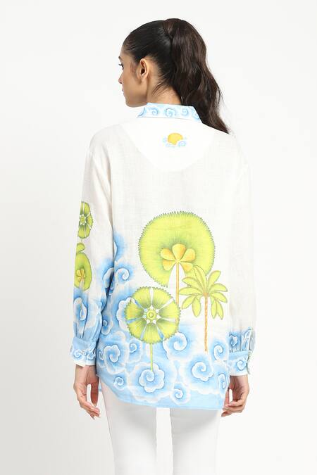 Shop_Satya Paul_White Linen Printed Palm Trees Shirt Collar At Ease Tunic _at_Aza_Fashions