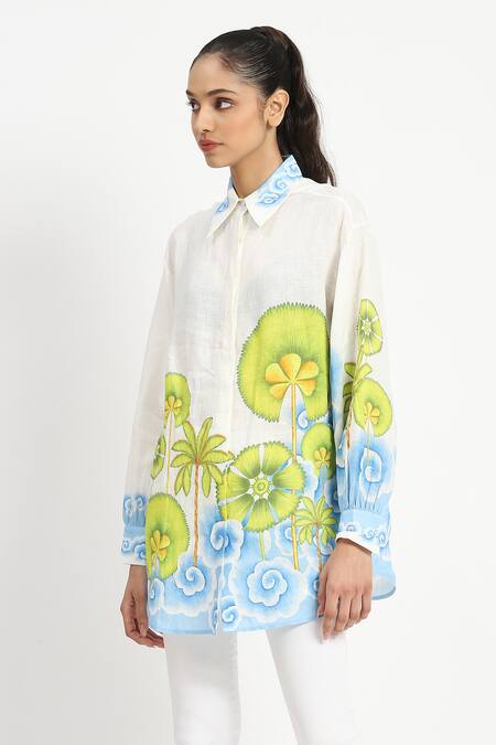 Buy_Satya Paul_White Linen Printed Palm Trees Shirt Collar At Ease Tunic _Online_at_Aza_Fashions