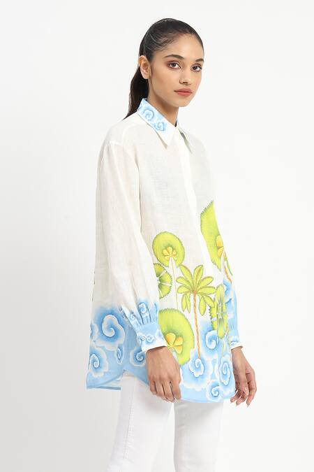 Shop_Satya Paul_White Linen Printed Palm Trees Shirt Collar At Ease Tunic _Online_at_Aza_Fashions