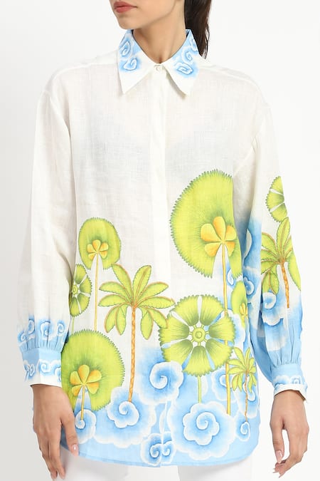 Satya Paul_White Linen Printed Palm Trees Shirt Collar At Ease Tunic _at_Aza_Fashions