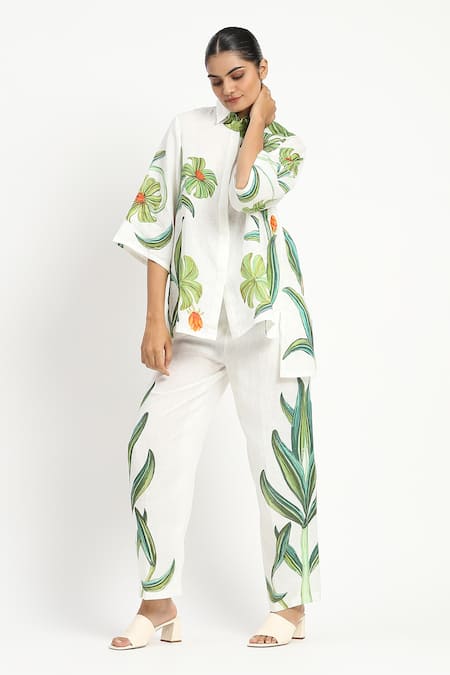 Satya Paul_Ivory Linen Two Printed Pant _Online_at_Aza_Fashions