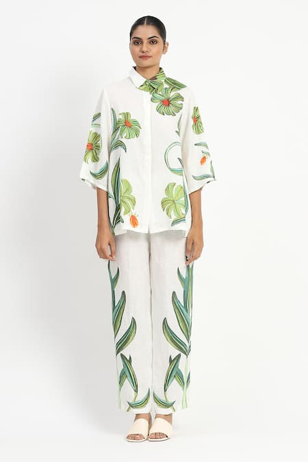 Shop_Satya Paul_Ivory Linen Two Printed Pant _Online_at_Aza_Fashions