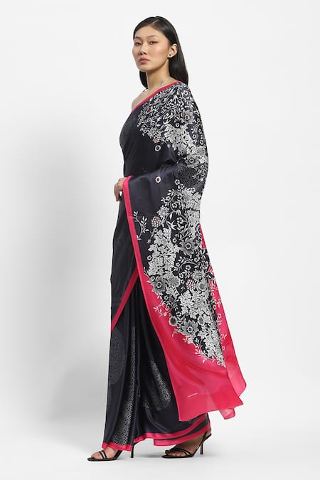 Satya Paul_Black Satin, Faulkners Fall Embellished Saree With Unstitched Blouse Piece _Online_at_Aza_Fashions