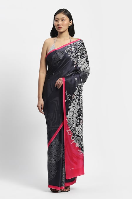 Buy_Satya Paul_Black Satin, Faulkners Fall Embellished Saree With Unstitched Blouse Piece _Online_at_Aza_Fashions