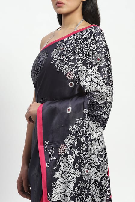 Shop_Satya Paul_Black Satin, Faulkners Fall Embellished Saree With Unstitched Blouse Piece _Online_at_Aza_Fashions