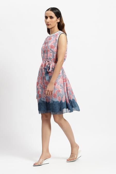 Satya Paul Pink Chiffon Round Neck Flowers And Stripes Print Dress Online at Aza Fashions Satya Paul_Pink Chiffon Round Neck Flowers And Stripes Print Dress _Online_at_Aza_Fashions