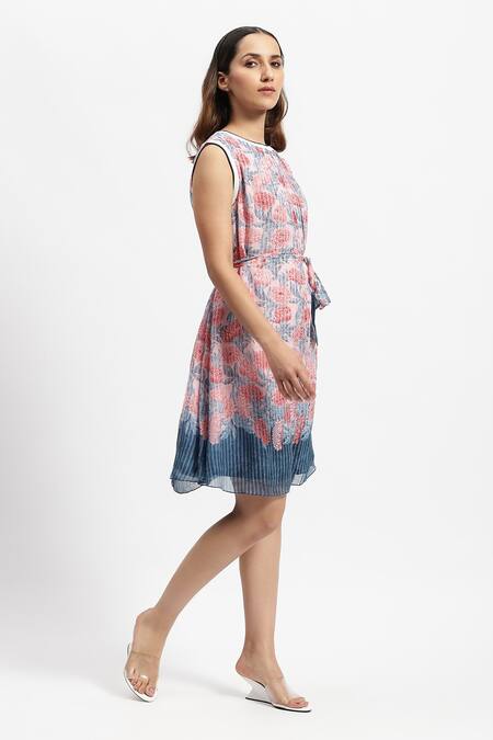 Buy Satya Paul Pink Chiffon Round Neck Flowers And Stripes Print Dress Online at Aza Fashions Buy_Satya Paul_Pink Chiffon Round Neck Flowers And Stripes Print Dress _Online_at_Aza_Fashions