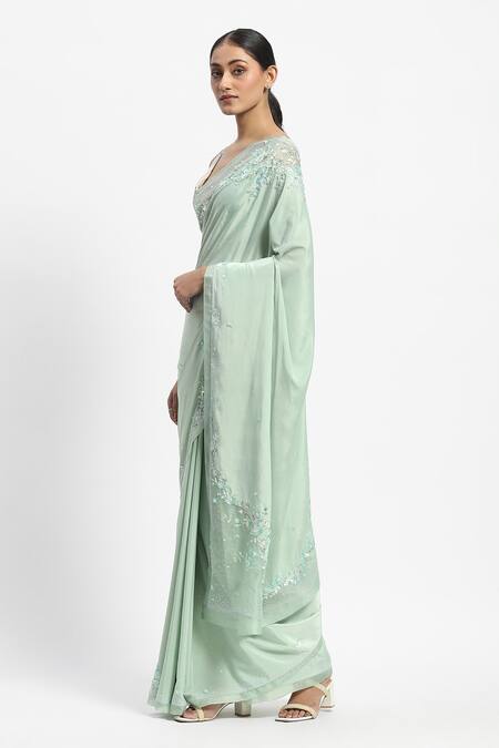 Satya Paul_Green Viscose Beads, Hesiod Embroidered Saree With Unstitched Blouse Piece _Online_at_Aza_Fashions