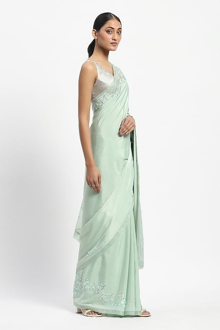 Buy_Satya Paul_Green Viscose Beads, Hesiod Embroidered Saree With Unstitched Blouse Piece _Online_at_Aza_Fashions