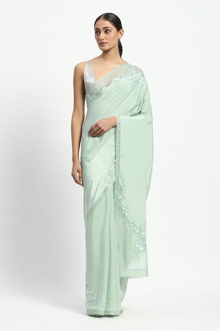 Shop_Satya Paul_Green Viscose Beads, Hesiod Embroidered Saree With Unstitched Blouse Piece _Online_at_Aza_Fashions