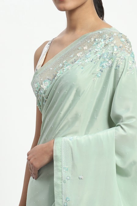 Satya Paul_Green Viscose Beads, Hesiod Embroidered Saree With Unstitched Blouse Piece _at_Aza_Fashions