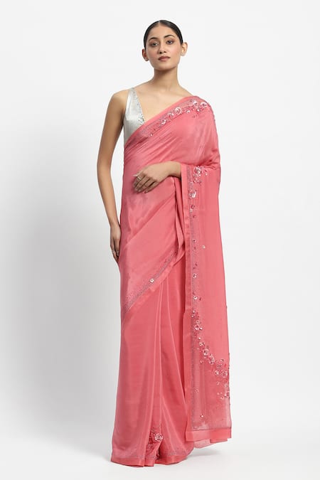 Satya Paul Pink Viscose Crepe Embroidery Floral Junebug Saree With Unstitched Blouse Piece 