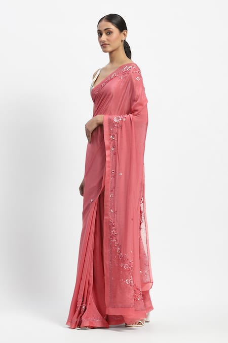 Satya Paul_Pink Viscose, Crepe Junebug Embroidered Saree With Unstitched Blouse Piece_Online_at_Aza_Fashions