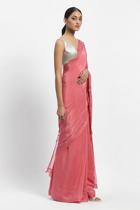 Buy_Satya Paul_Pink Viscose, Crepe Junebug Embroidered Saree With Unstitched Blouse Piece_Online_at_Aza_Fashions
