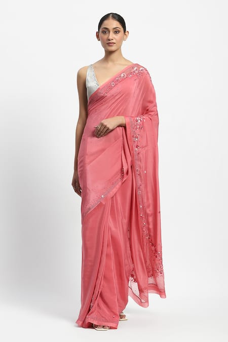 Shop_Satya Paul_Pink Viscose, Crepe Junebug Embroidered Saree With Unstitched Blouse Piece_Online_at_Aza_Fashions