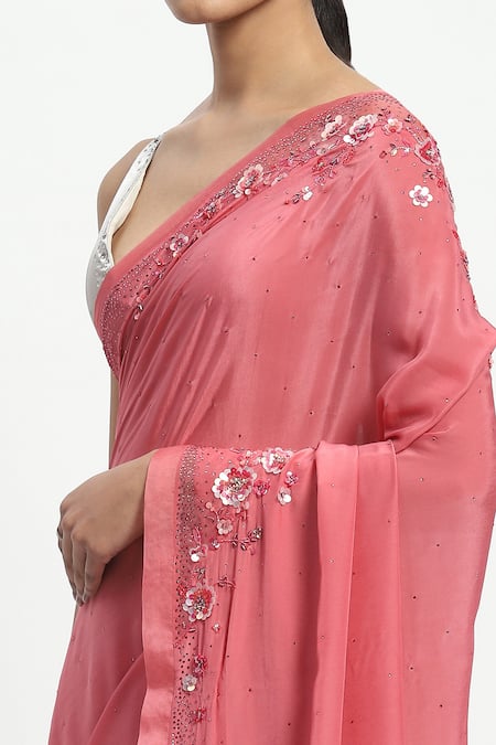Satya Paul_Pink Viscose, Crepe Junebug Embroidered Saree With Unstitched Blouse Piece_at_Aza_Fashions