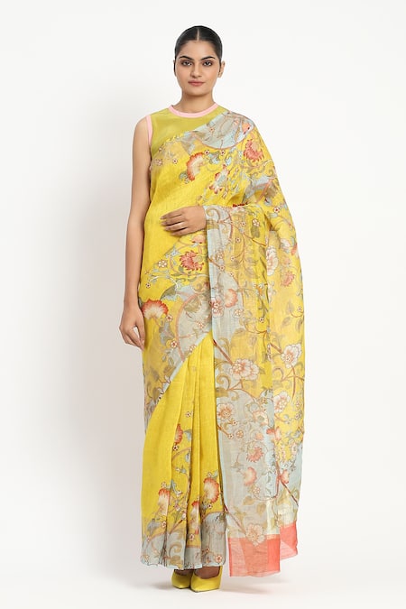 Satya Paul Camera Natura Printed Saree With Unstitched Blouse Piece 