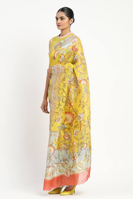 Satya Paul_Yellow Linen Camera Natura Printed Saree With Unstitched Blouse Piece _Online_at_Aza_Fashions