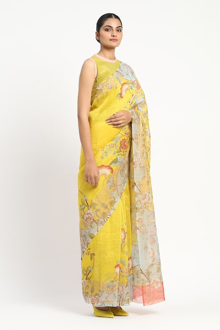 Buy_Satya Paul_Yellow Linen Camera Natura Printed Saree With Unstitched Blouse Piece _Online_at_Aza_Fashions