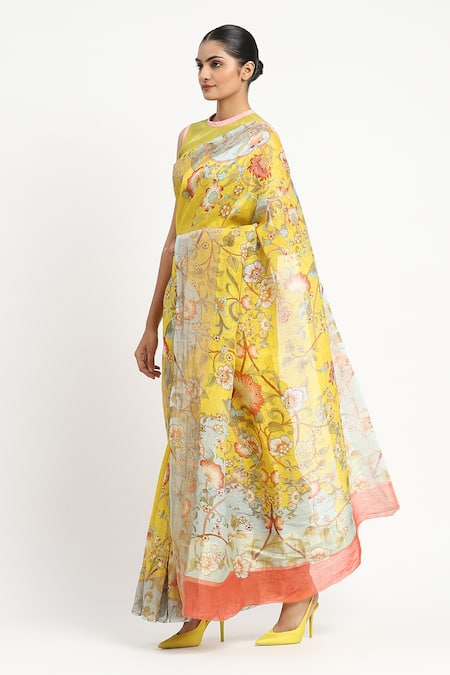 Shop_Satya Paul_Yellow Linen Camera Natura Printed Saree With Unstitched Blouse Piece _Online_at_Aza_Fashions