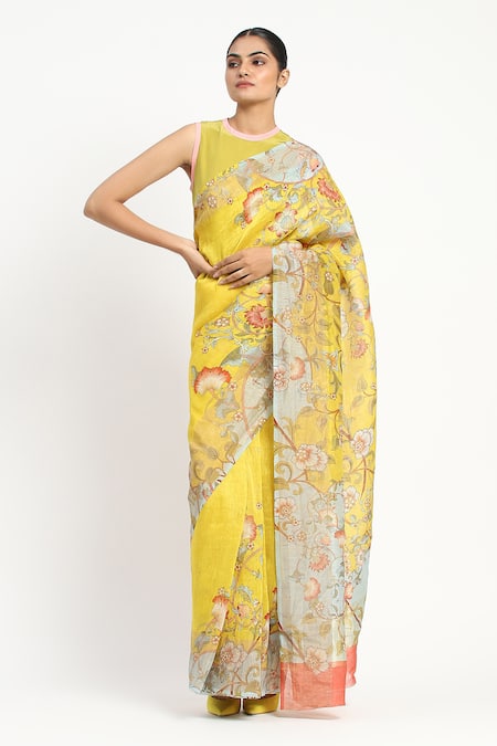 Satya Paul_Yellow Linen Camera Natura Printed Saree With Unstitched Blouse Piece _at_Aza_Fashions