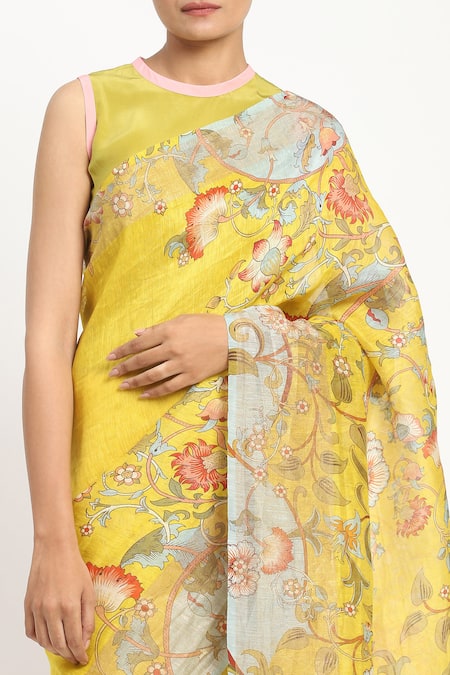 Buy_Satya Paul_Yellow Linen Camera Natura Printed Saree With Unstitched Blouse Piece 