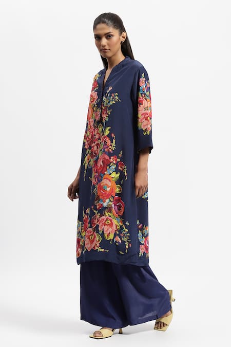 Shop_Satya Paul_Blue Silk, Crepe Embroidery Mandarin Collar Floral Bloom Print Kurta With Pant _Online_at_Aza_Fashions