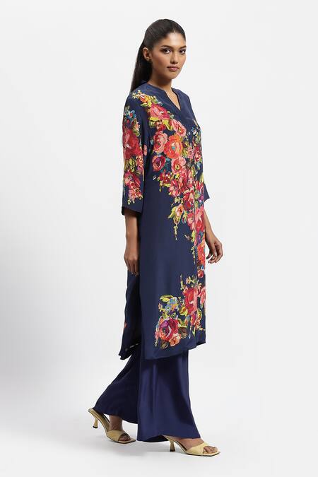 Satya Paul_Blue Silk, Crepe Embroidery Mandarin Collar Floral Bloom Print Kurta With Pant _at_Aza_Fashions