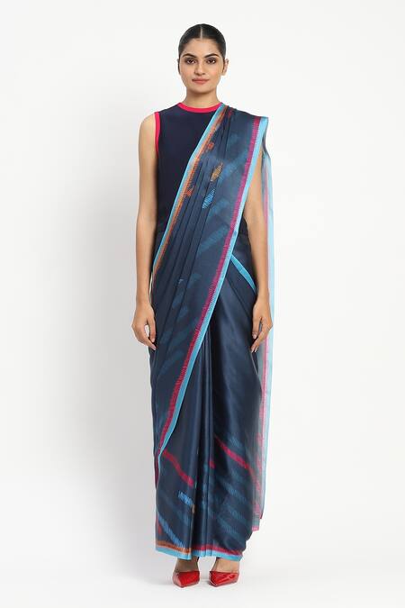 Satya Paul_Blue Silk, Georgette, Satin Wordsmith Printed Saree With Unstitched Blouse Piece _Online_at_Aza_Fashions