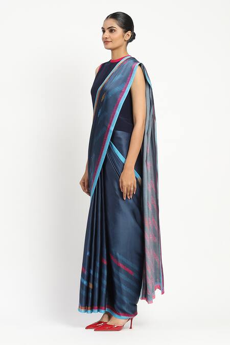 Buy_Satya Paul_Blue Silk, Georgette, Satin Wordsmith Printed Saree With Unstitched Blouse Piece _Online_at_Aza_Fashions