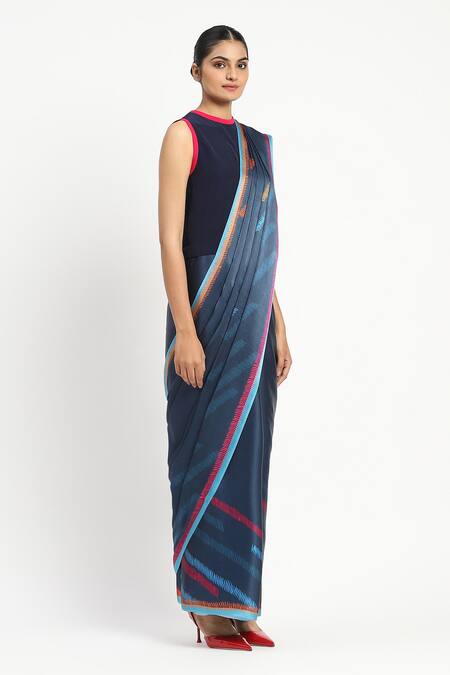 Shop_Satya Paul_Blue Silk, Georgette, Satin Wordsmith Printed Saree With Unstitched Blouse Piece _Online_at_Aza_Fashions