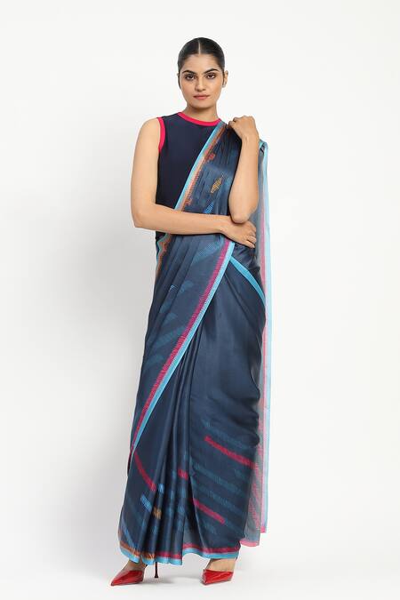 Satya Paul_Blue Silk, Georgette, Satin Wordsmith Printed Saree With Unstitched Blouse Piece _at_Aza_Fashions