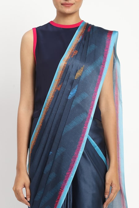 Buy_Satya Paul_Blue Silk, Georgette, Satin Wordsmith Printed Saree With Unstitched Blouse Piece 