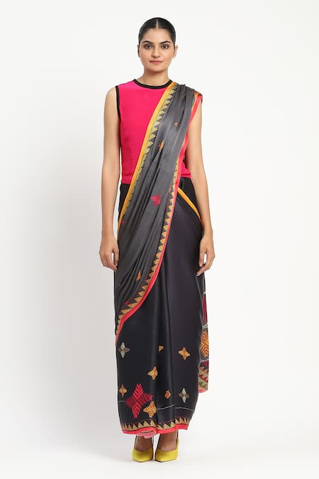 Satya Paul_Blue Silk, Georgette, Infinite Space Printed Saree With Unstitched Blouse Piece _Online_at_Aza_Fashions