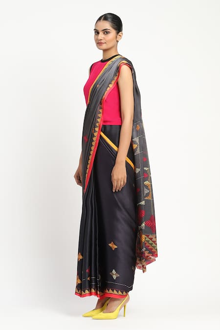 Buy_Satya Paul_Blue Silk, Georgette, Infinite Space Printed Saree With Unstitched Blouse Piece _Online_at_Aza_Fashions
