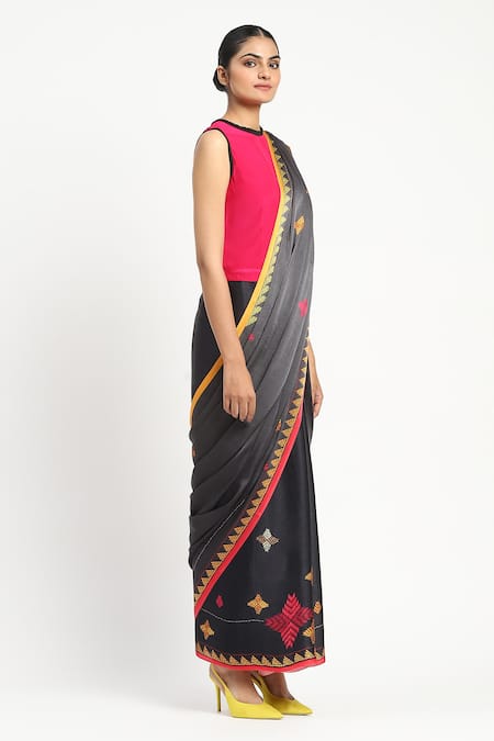 Shop_Satya Paul_Blue Silk, Georgette, Infinite Space Printed Saree With Unstitched Blouse Piece _Online_at_Aza_Fashions