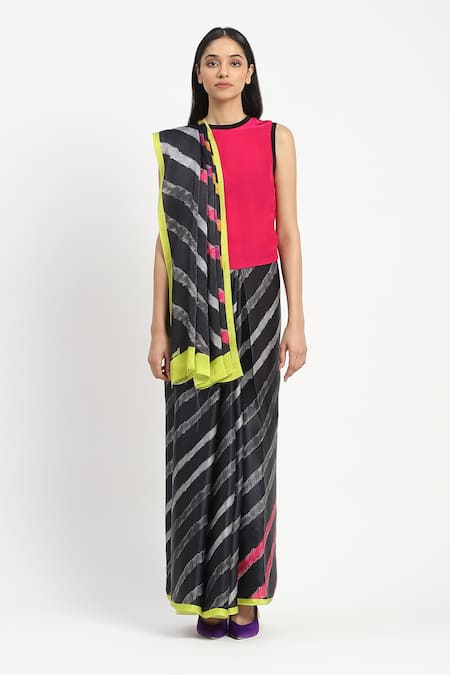 Satya Paul_Blue Silk, Georgette, Satin Across The Hedges Saree With Unstitched Blouse Piece _Online_at_Aza_Fashions