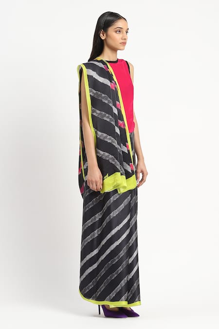 Shop_Satya Paul_Blue Silk, Georgette, Satin Across The Hedges Saree With Unstitched Blouse Piece _Online_at_Aza_Fashions